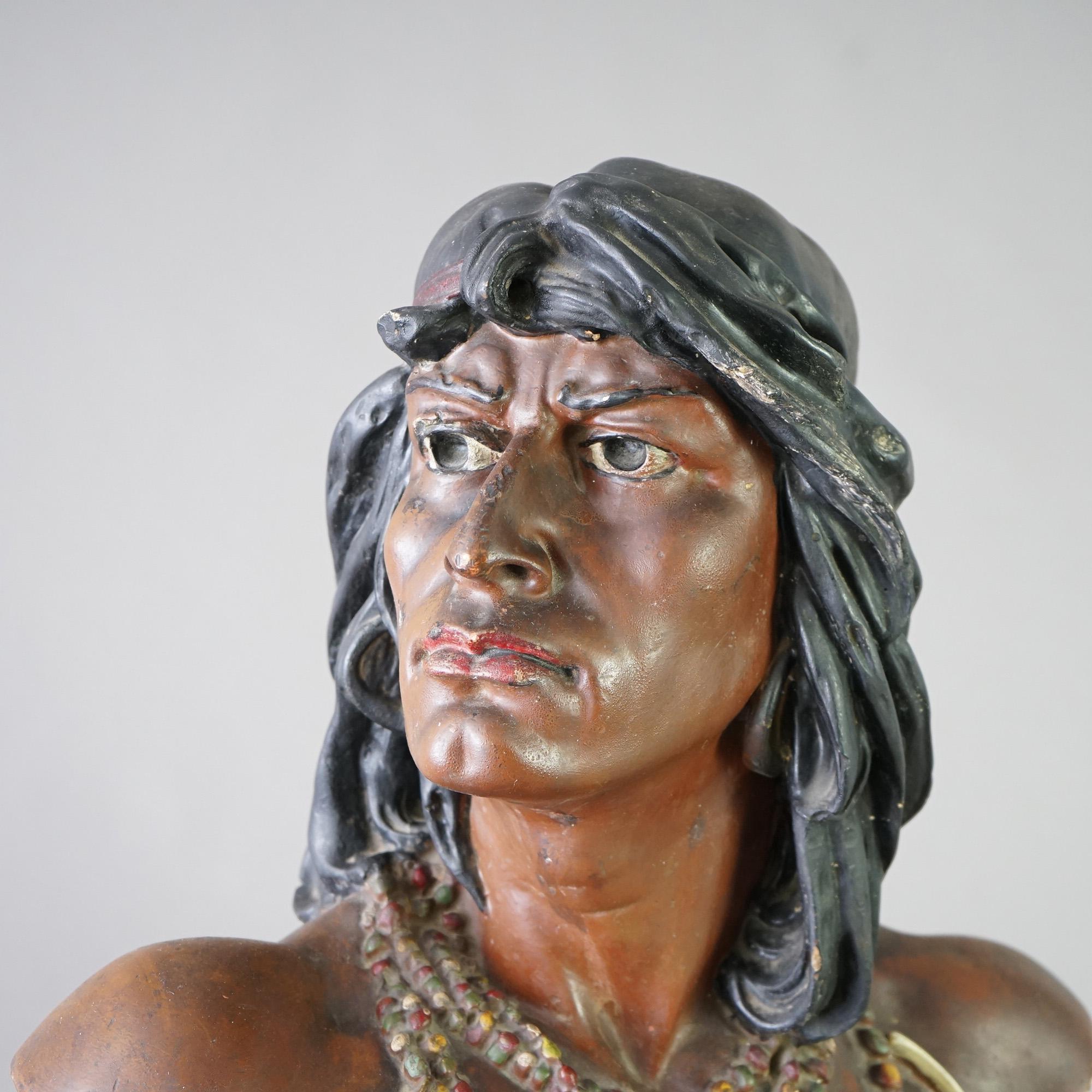 20th Century Antique Hiawatha Cigar Store Polychrome Plaster Bust of Indian  Warrior c1900