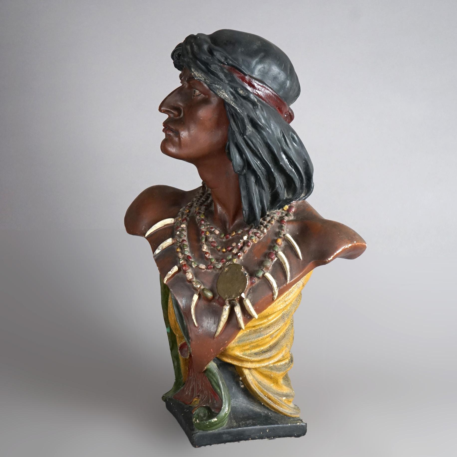 Antique Hiawatha Cigar Store Polychrome Plaster Bust of Indian  Warrior c1900 1