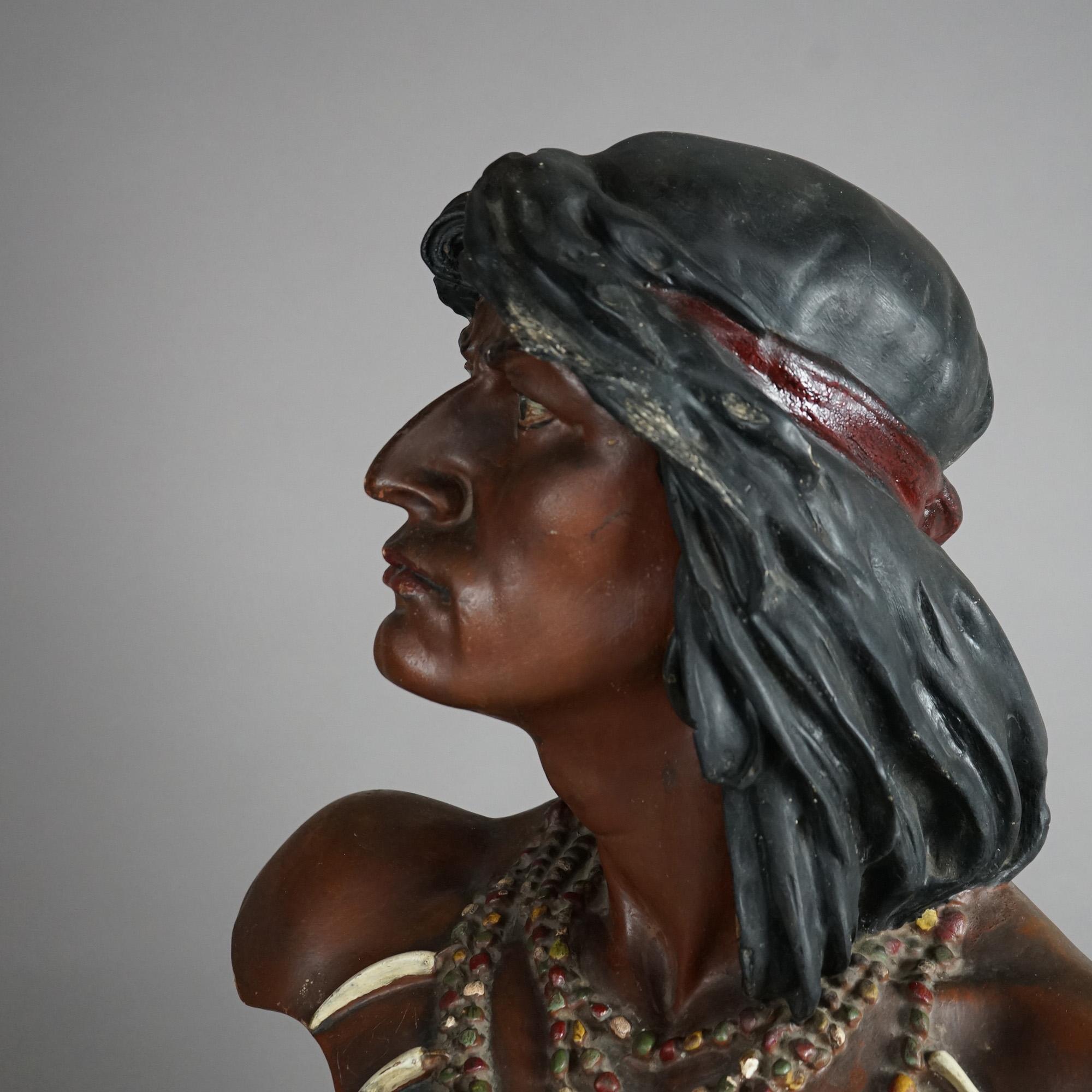 Antique Hiawatha Cigar Store Polychrome Plaster Bust of Indian  Warrior c1900 2
