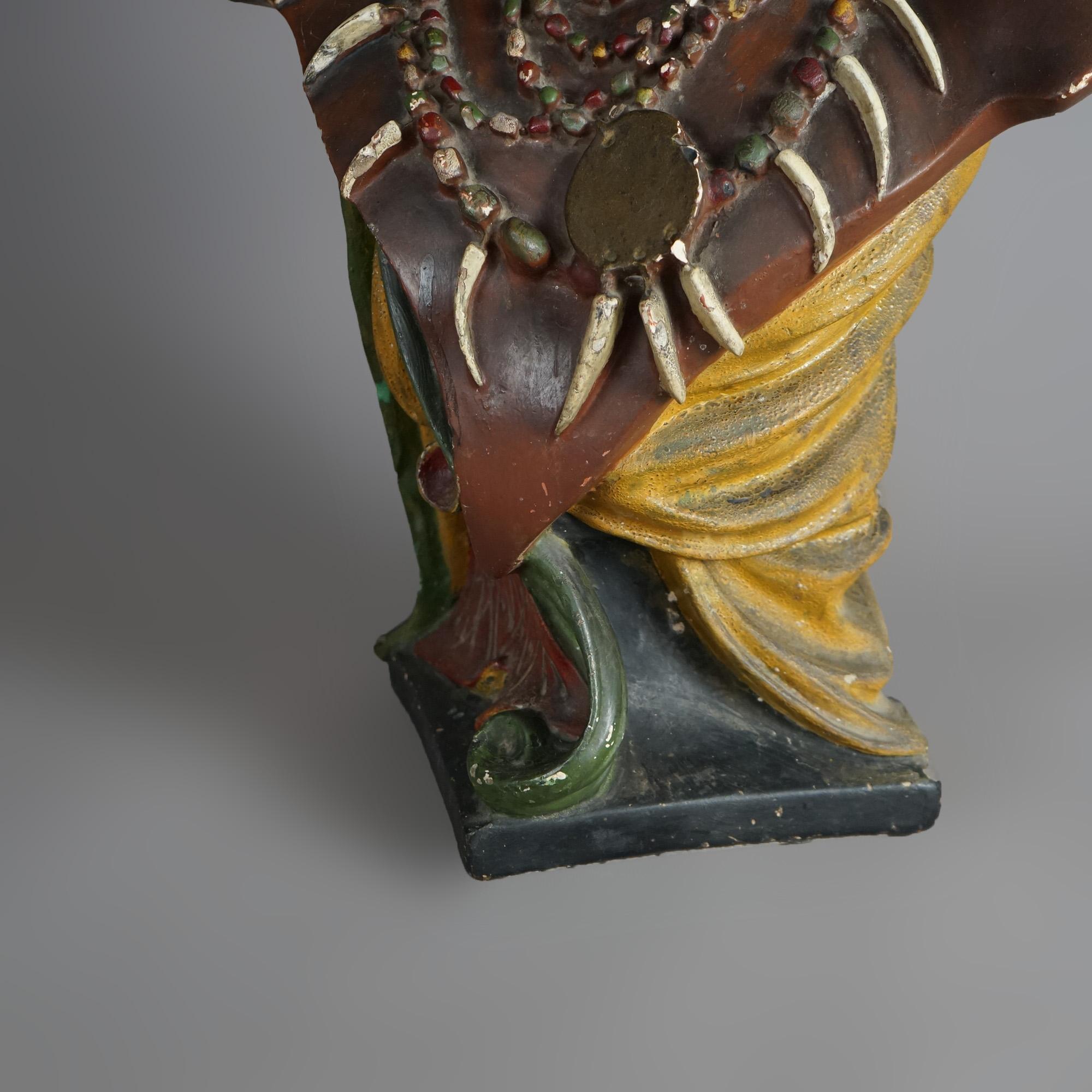 Antique Hiawatha Cigar Store Polychrome Plaster Bust of Indian  Warrior c1900 3