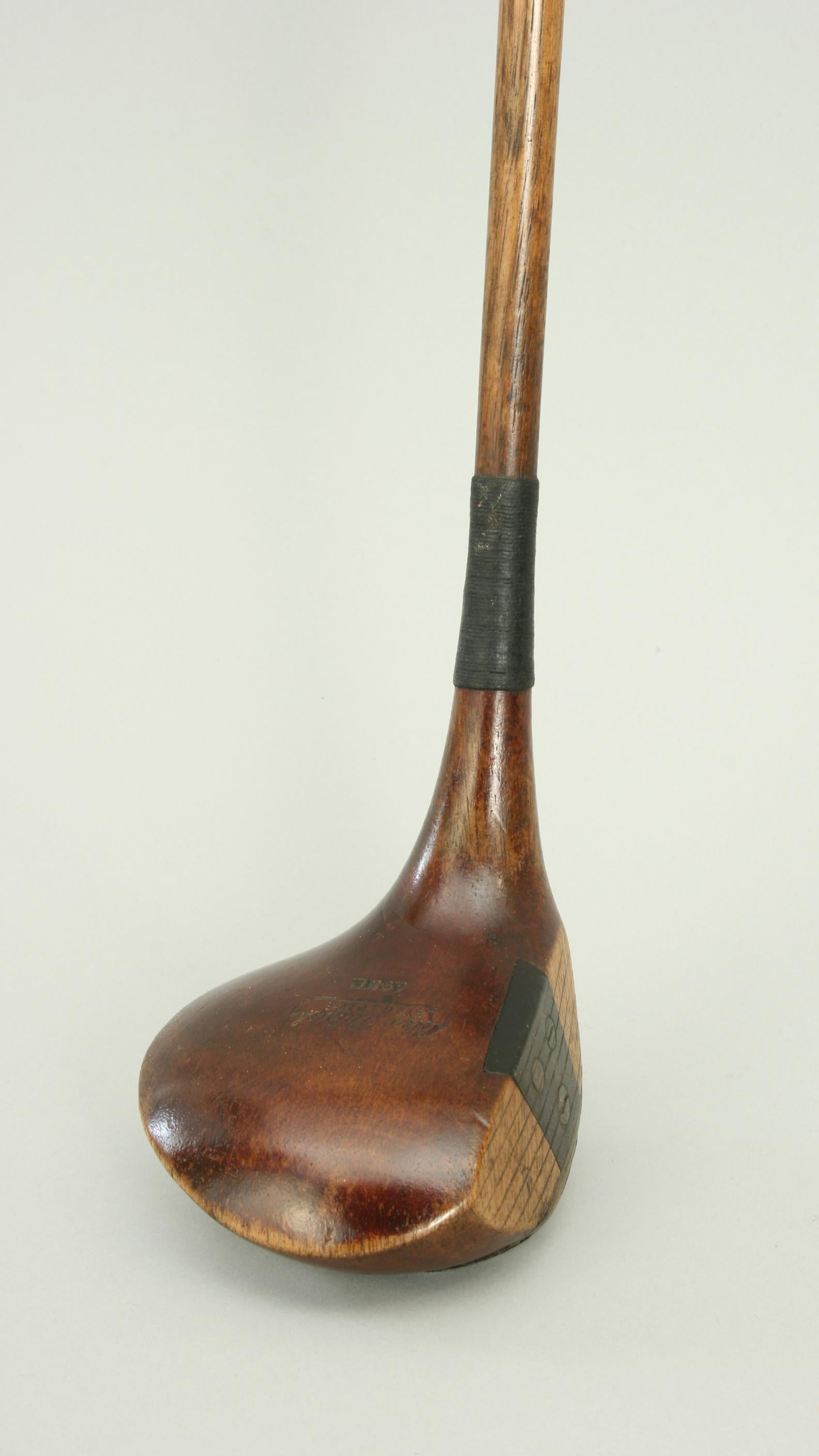 Antique Hickory Golf Club, Brassie, Alex Patrick, Leven.
A good original 1920s persimmon wood socket head driver with hickory shaft and suede leather grip. The head marked 'Alex Patrick, Leven. Fife, ACME '. The club head has lead weight to the