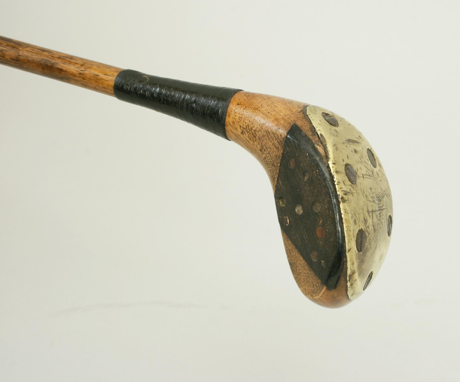 Antique Hickory Golf Club, Brassie with Face Insert and Brass Sole Plate In Good Condition In Oxfordshire, GB