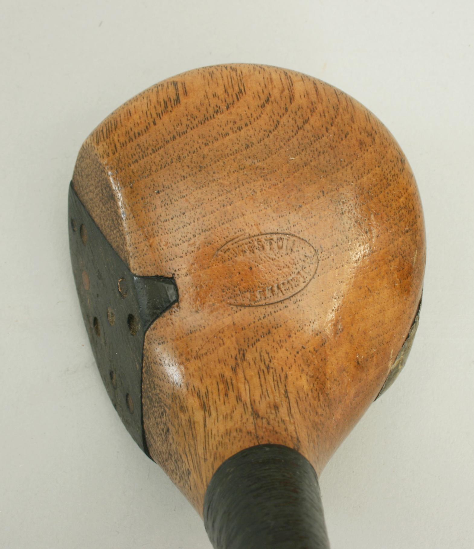 Early 20th Century Antique Hickory Golf Club, Brassie with Face Insert and Brass Sole Plate