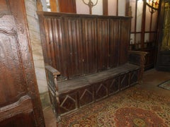 Antique High Back Bench, Red Larch Wood, Hand Carved with Lozenges, 1500 Italy
