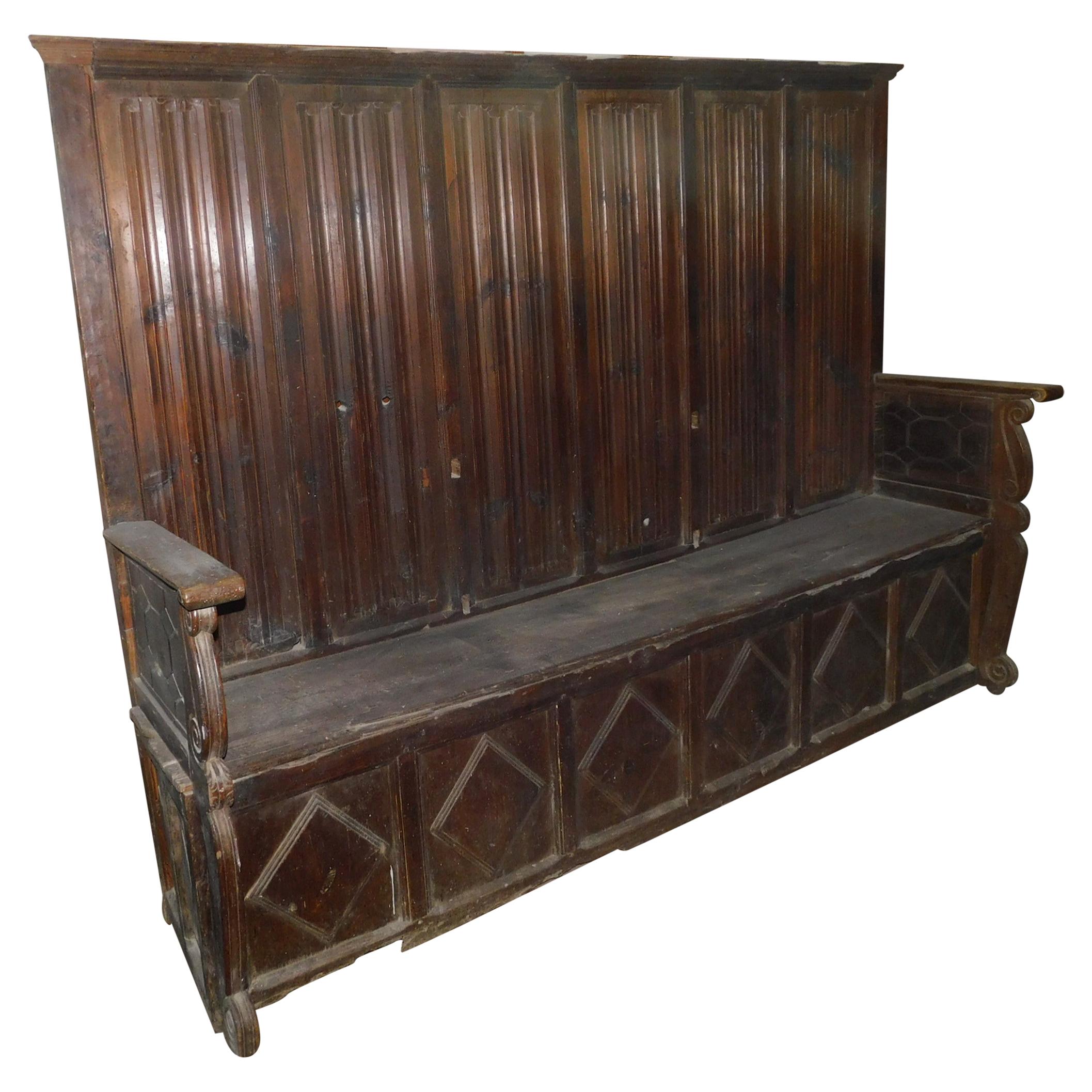 Antique High Back Bench, Red Larch Wood, Hand Carved with Lozenges, 1500 Italy