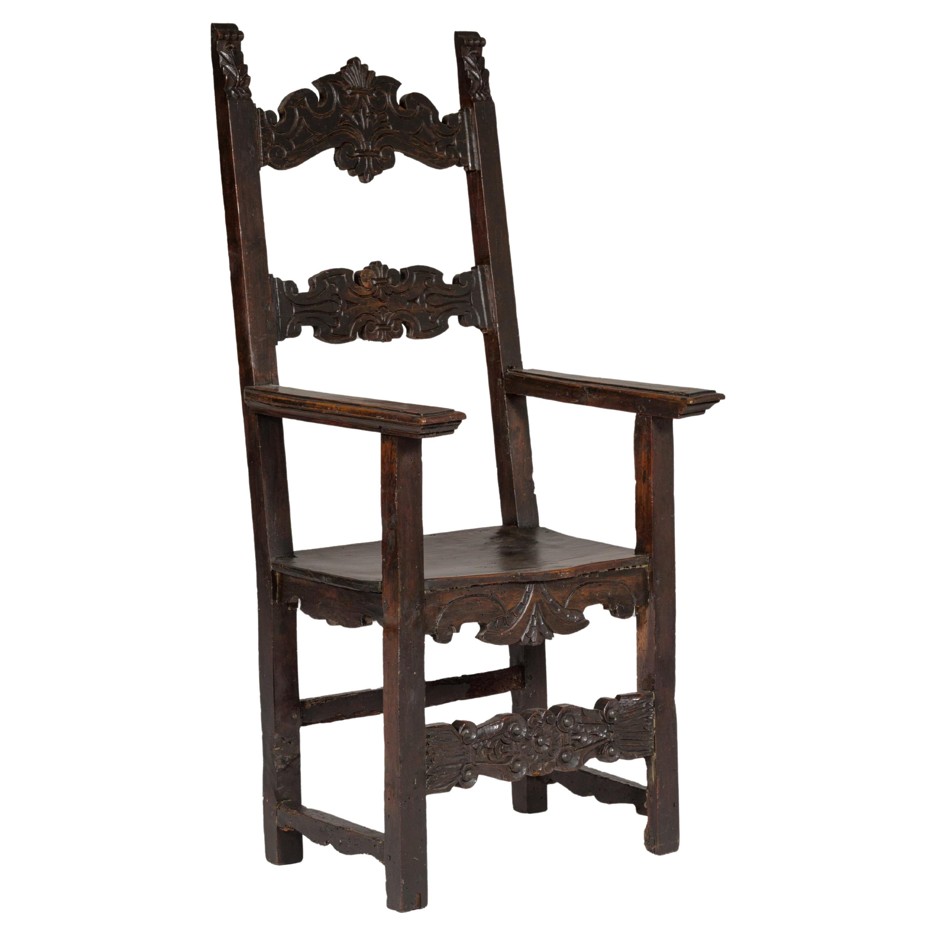 Antique High Back Wooden Throne Chair with Richly Hand-Carved Back and Skirt For Sale