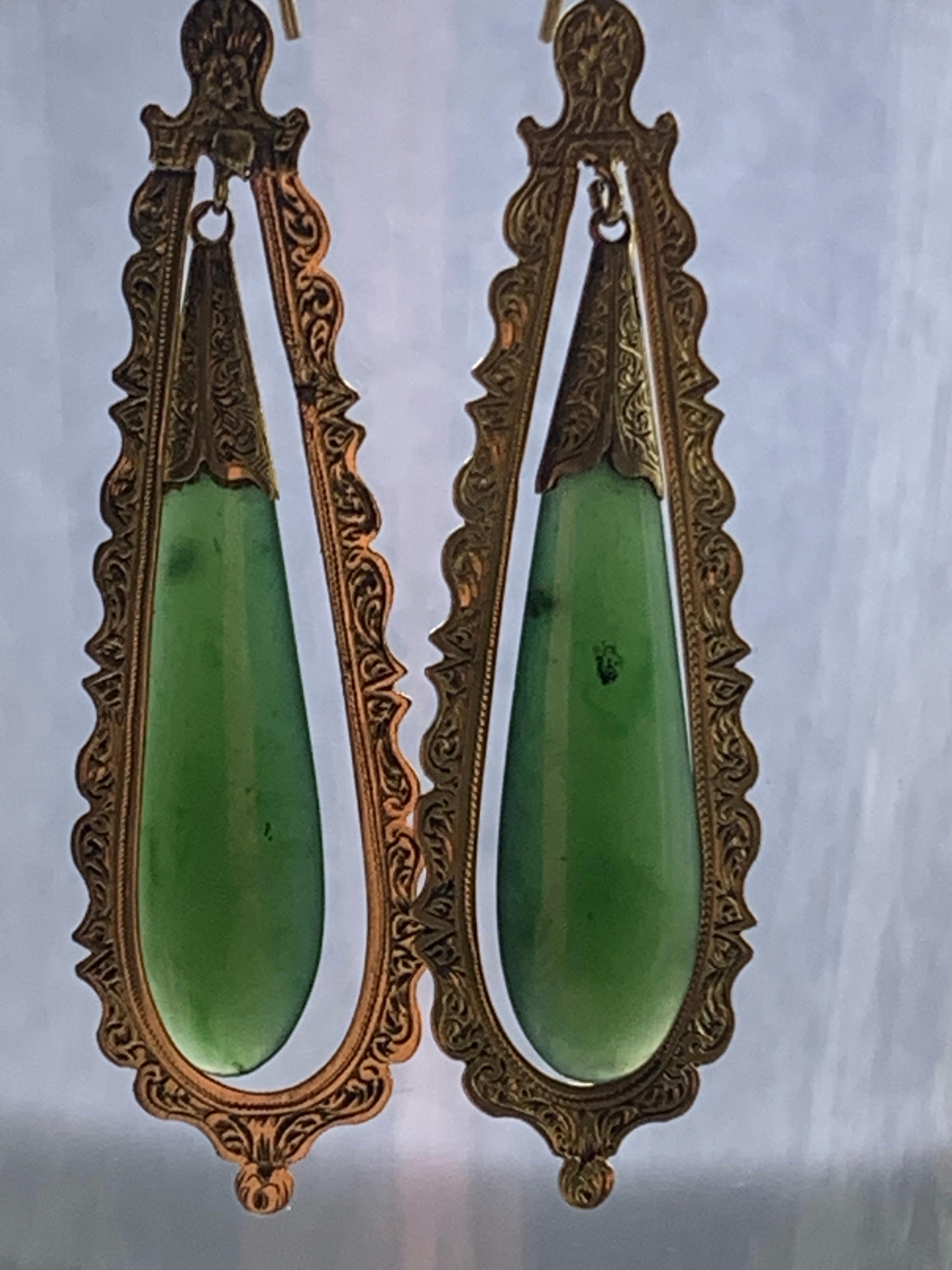Pear Cut Antique High Carat Gold & Jade Earrings  For Sale