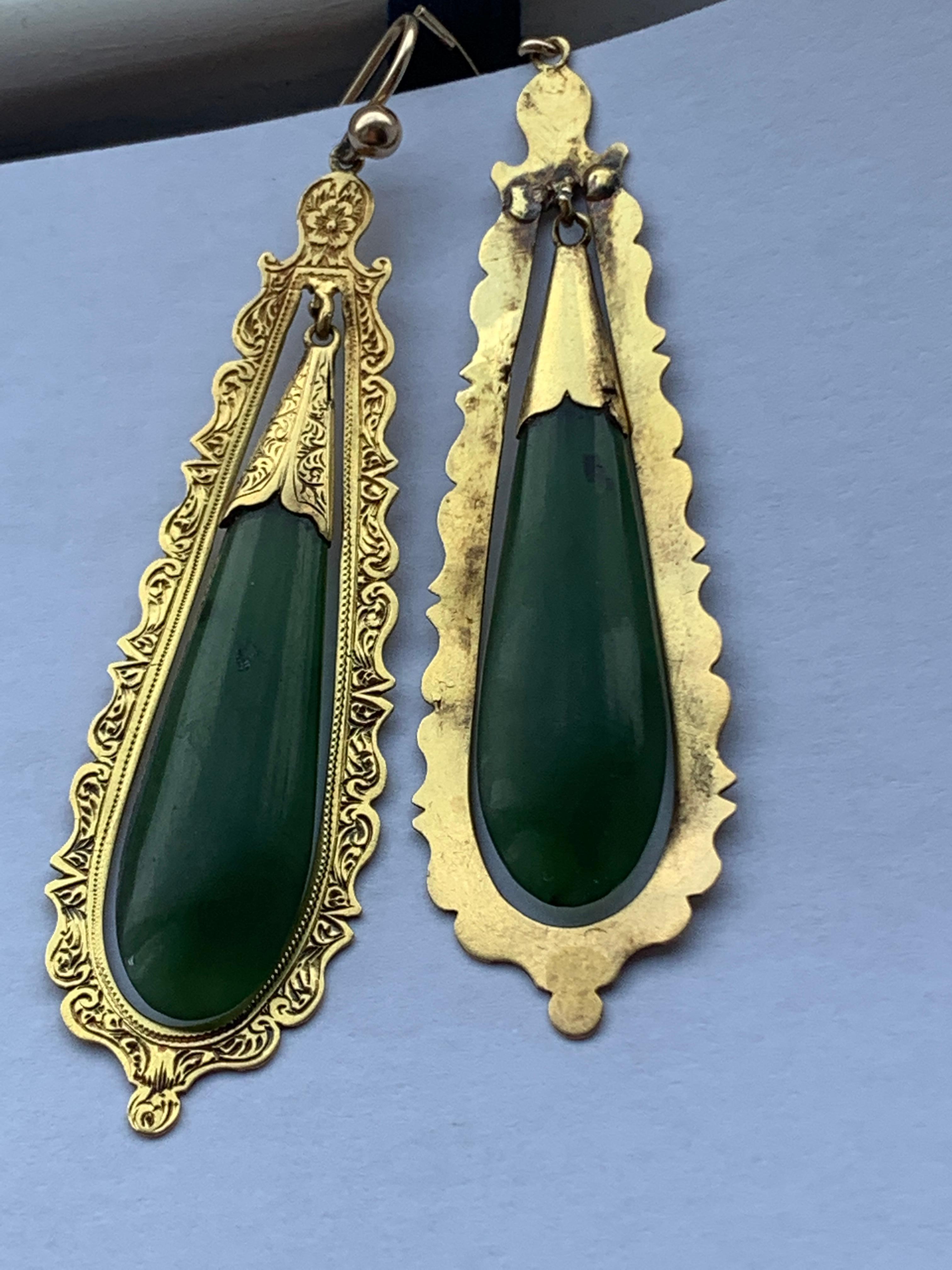 Antique High Carat Gold & Jade Earrings  In Fair Condition For Sale In London, GB