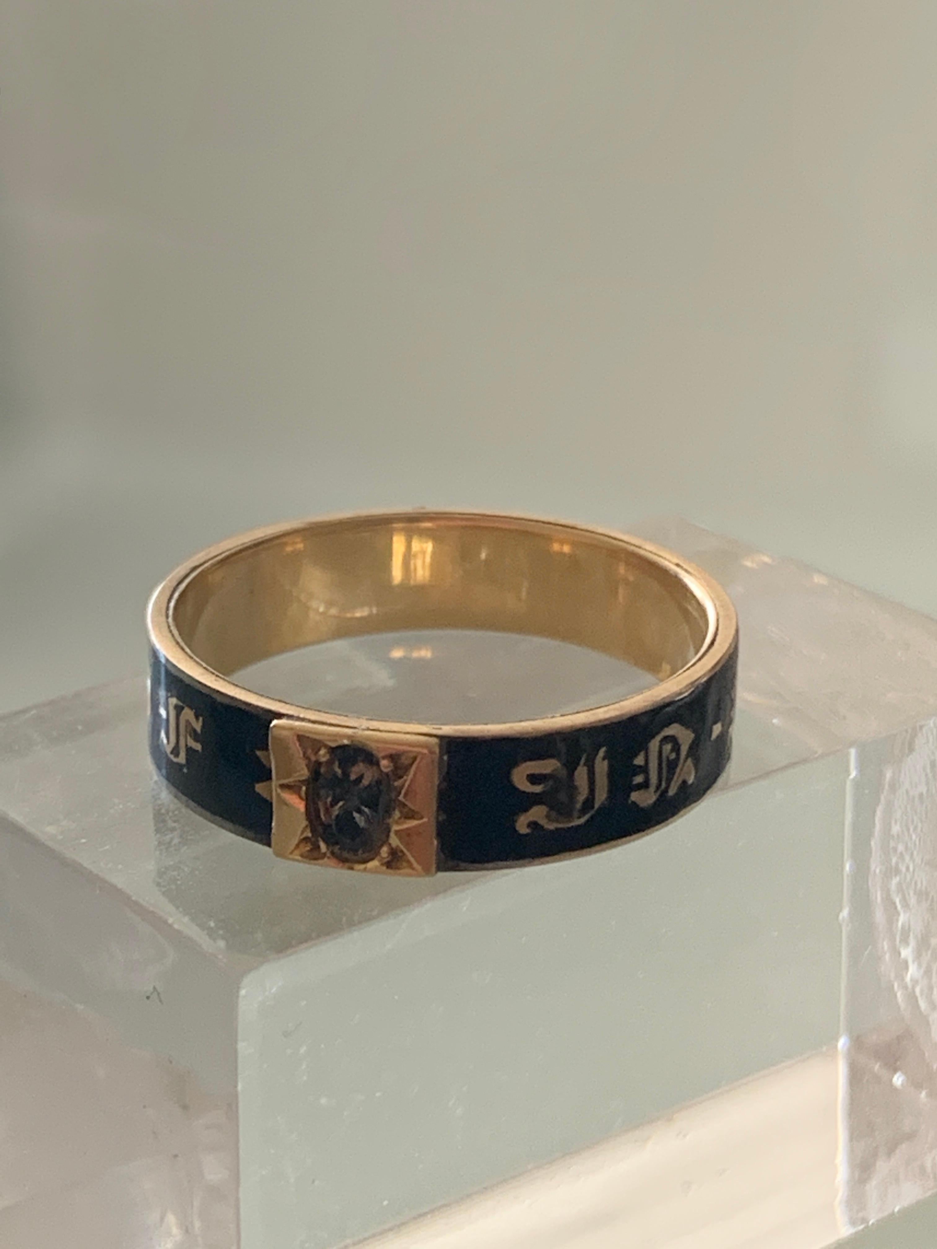 High Carat Gold Antique Memorial Ring

with surrounding black enamel and gold letters in-scripted :

