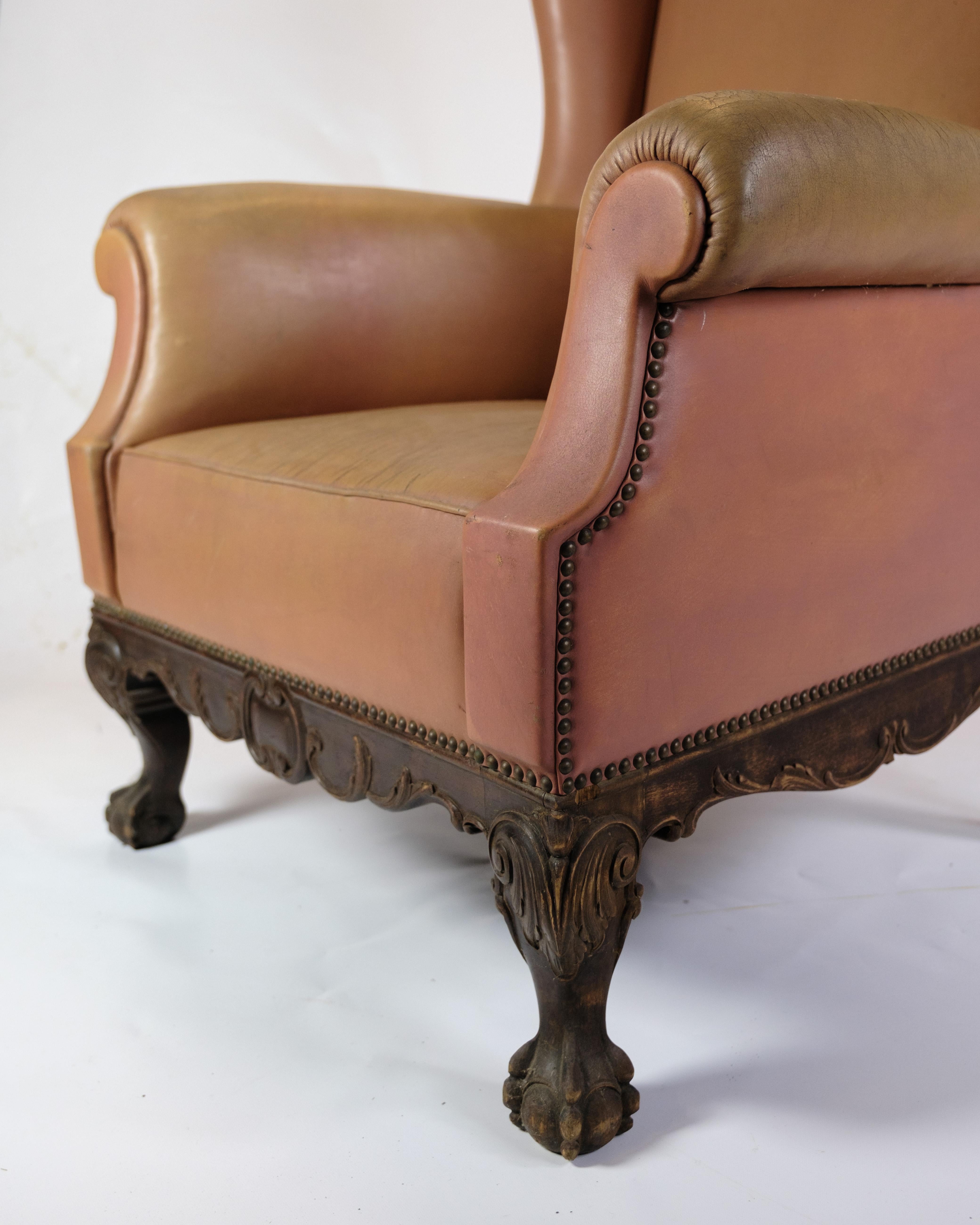 Antique High Flap Chair, Chesterfield Style Made In Brown Leather From 1920s For Sale 5