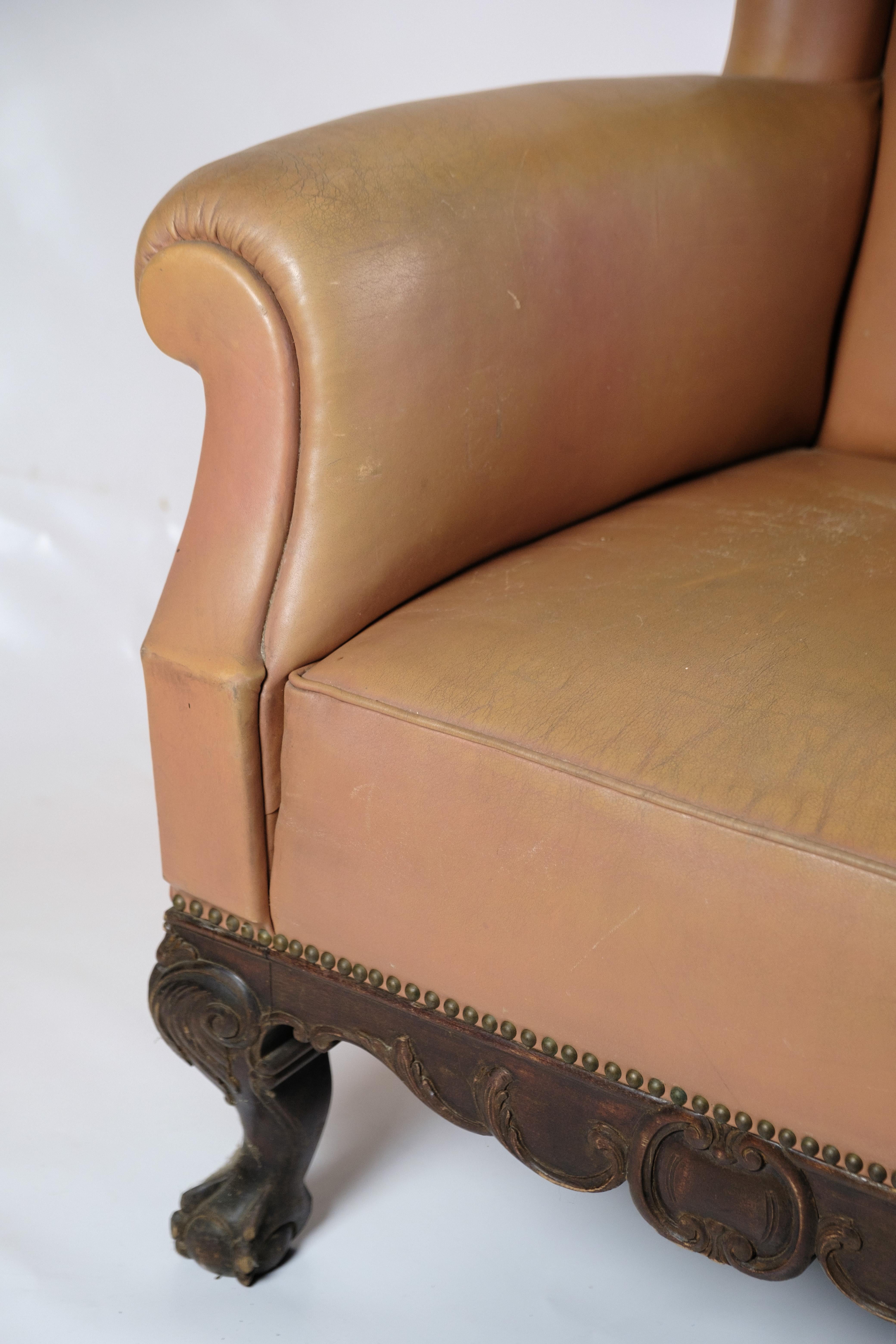 Antique High Flap Chair, Chesterfield Style Made In Brown Leather From 1920s For Sale 3