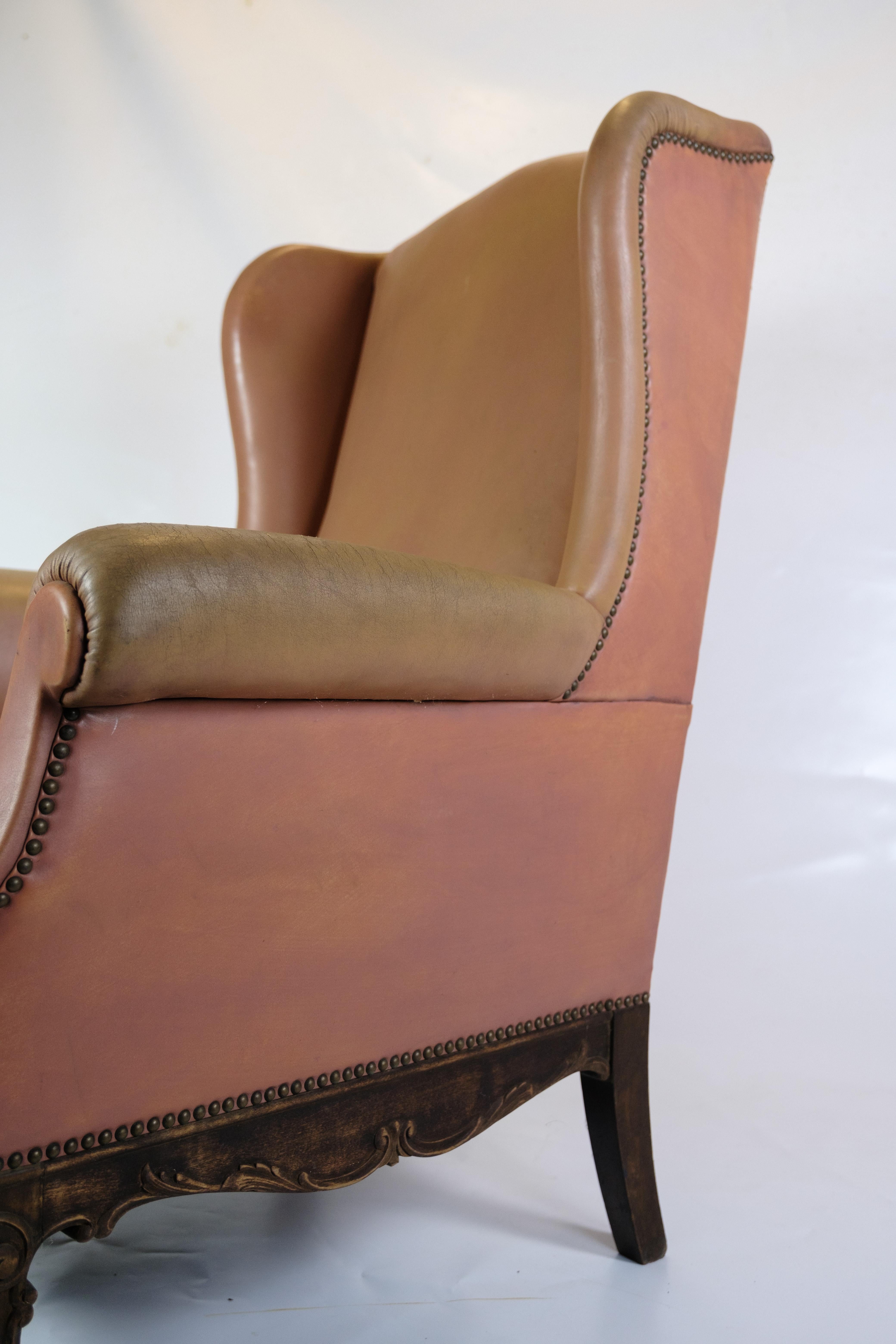 Antique High Flap Chair, Chesterfield Style Made In Brown Leather From 1920s For Sale 4