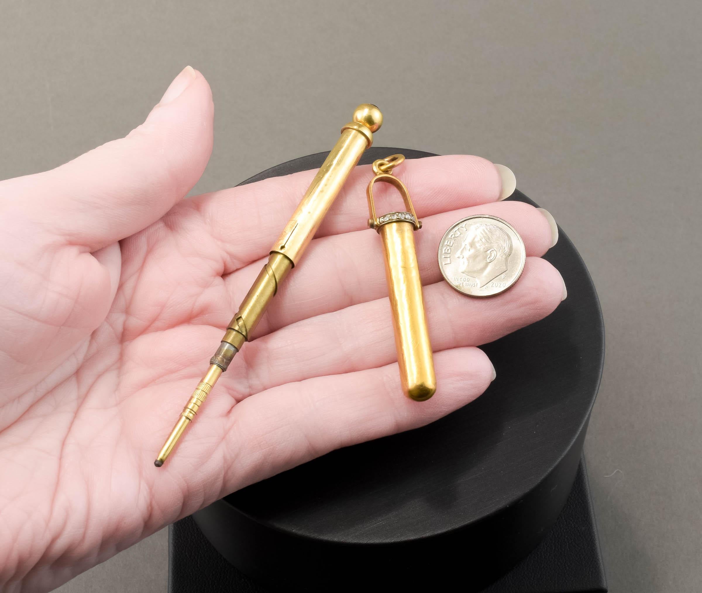 Antique High Karat Gold & Rose Cut Diamond Telescoping Pencil Pendant 9