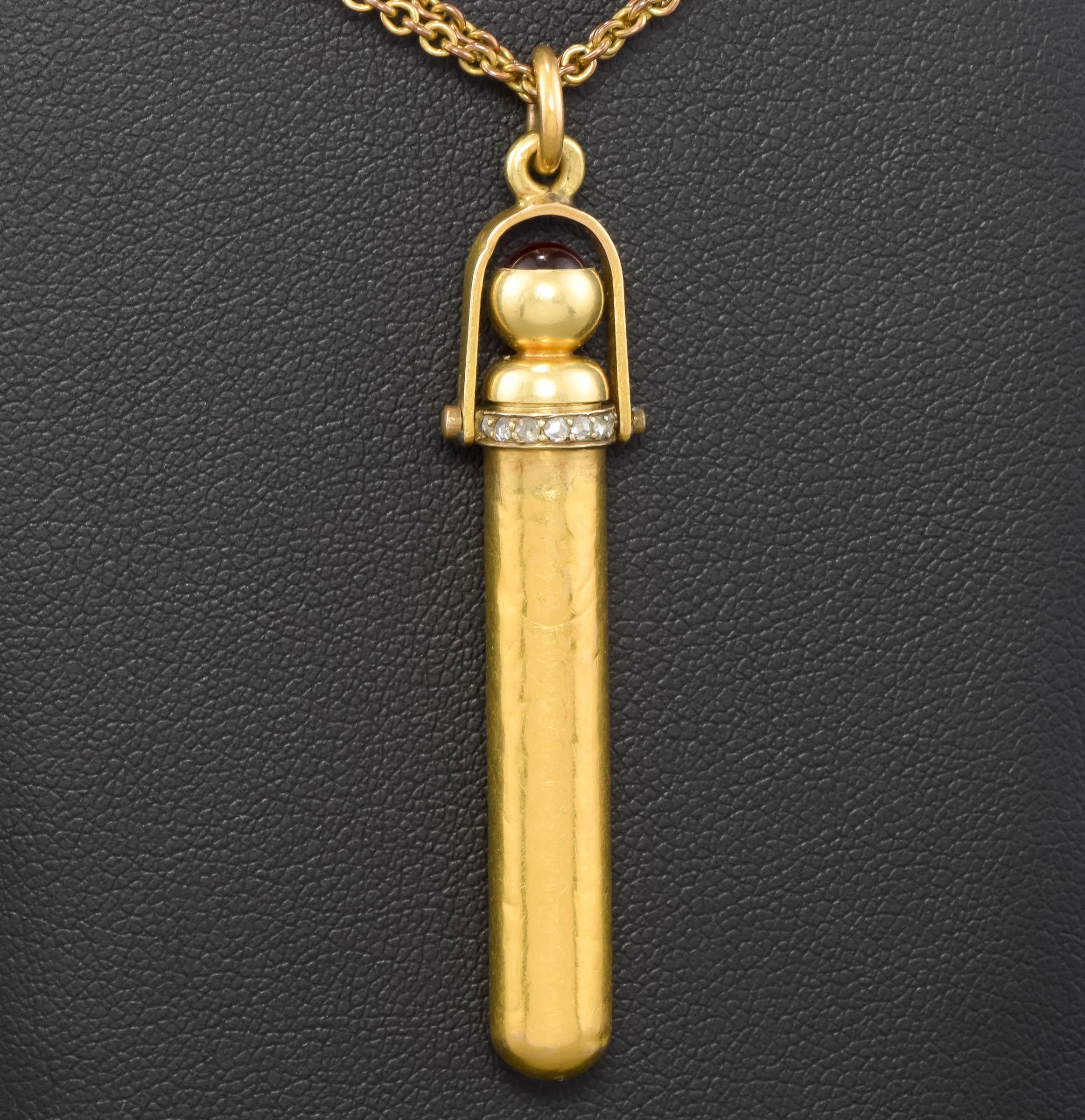Antique High Karat Gold & Rose Cut Diamond Telescoping Pencil Pendant In Good Condition In Danvers, MA