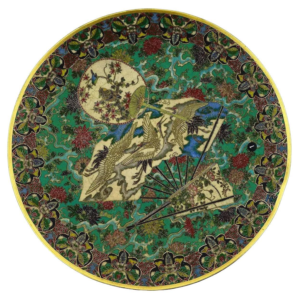 Antique High Quality Meiji Japanese Cloisonne Enamel Plate With Owl Cranes Fan