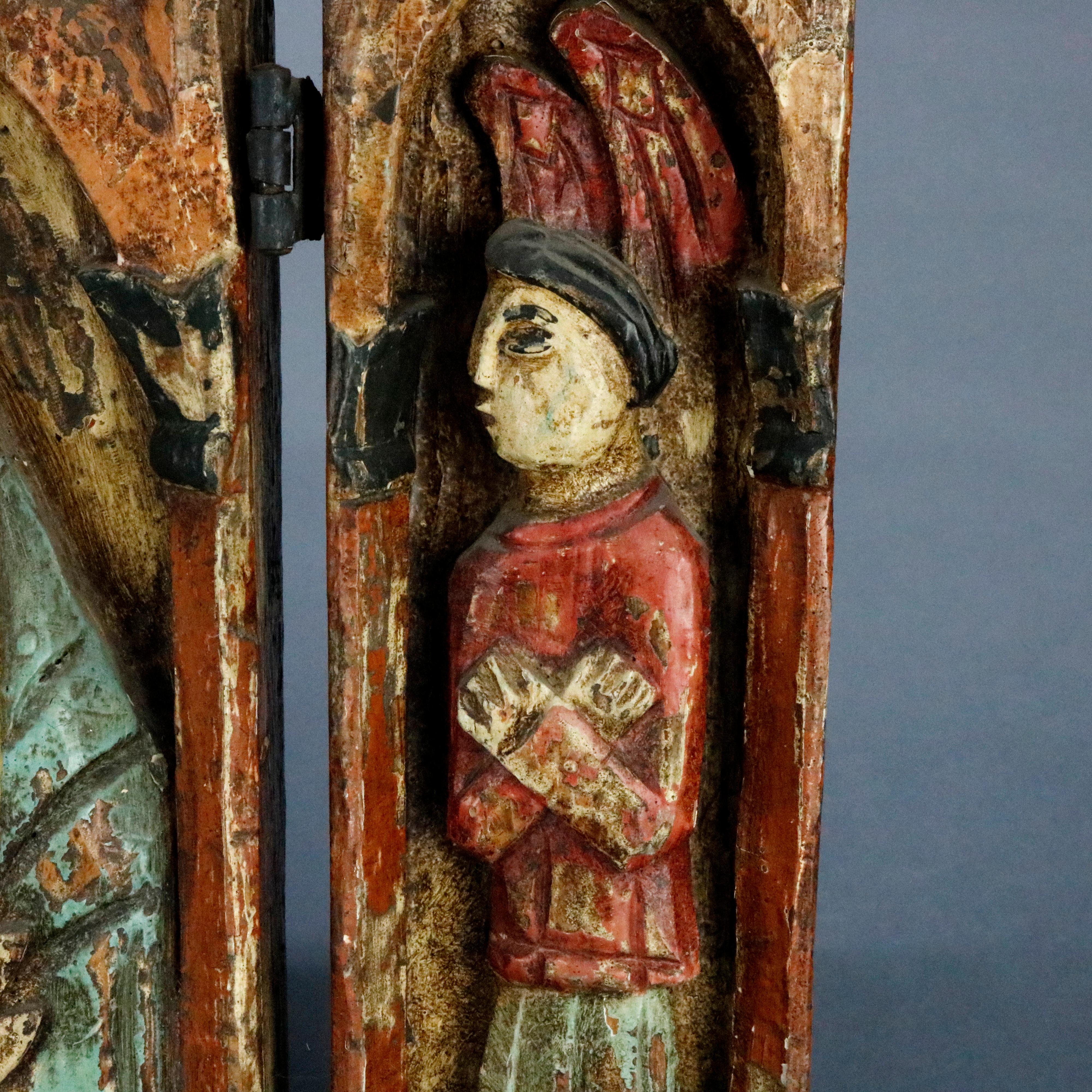 Folk Art High Relief Carved and Polychromed Triptych Russian Orthodox Icon, 18th Century