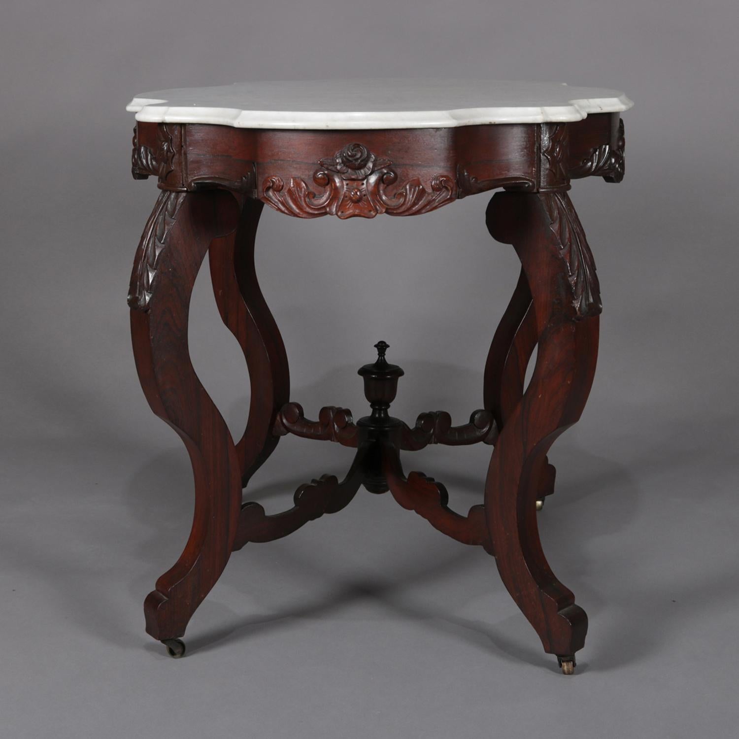 French Antique High Victorian Carved Walnut and Marble Turtle Top Centre Table