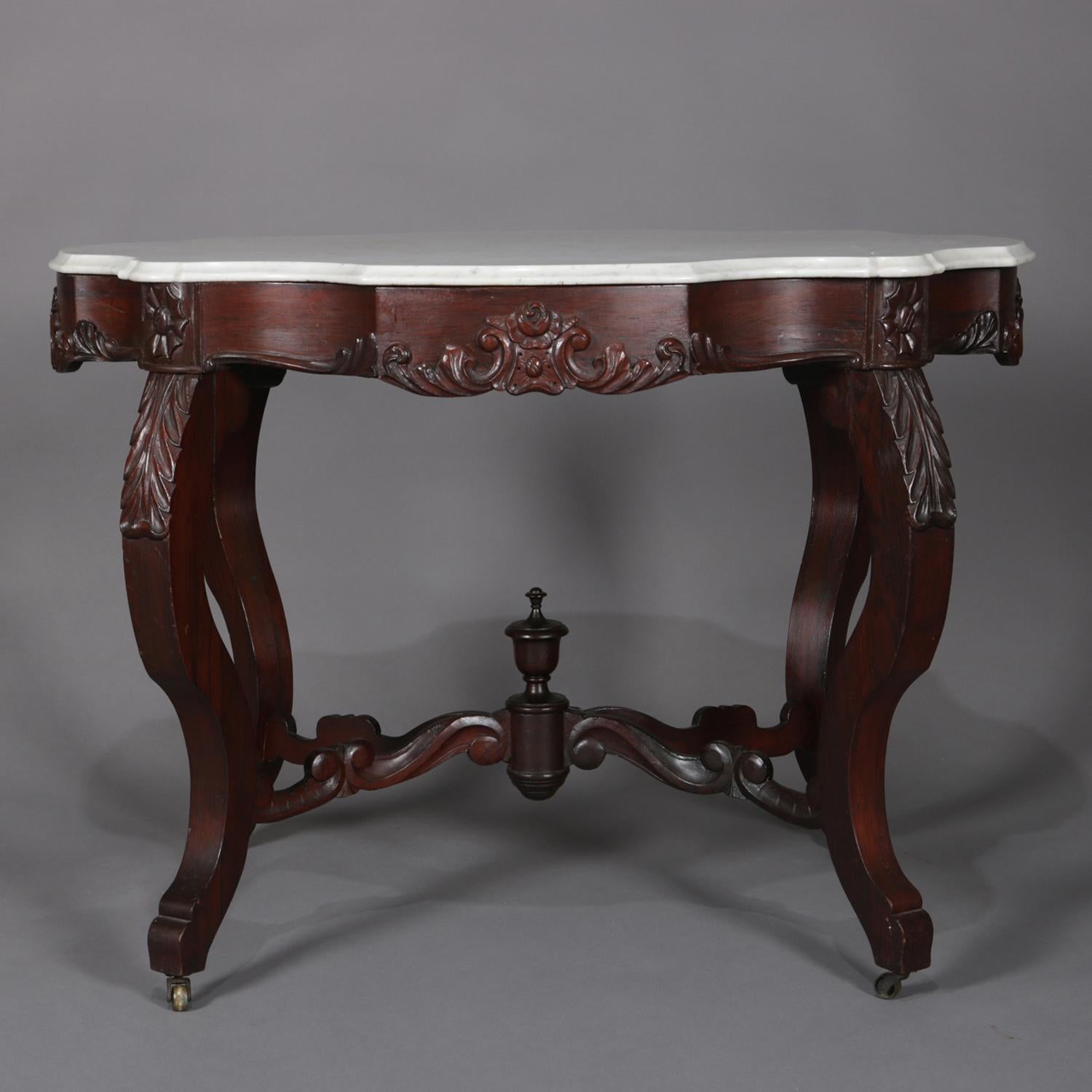 Beveled Antique High Victorian Carved Walnut and Marble Turtle Top Centre Table