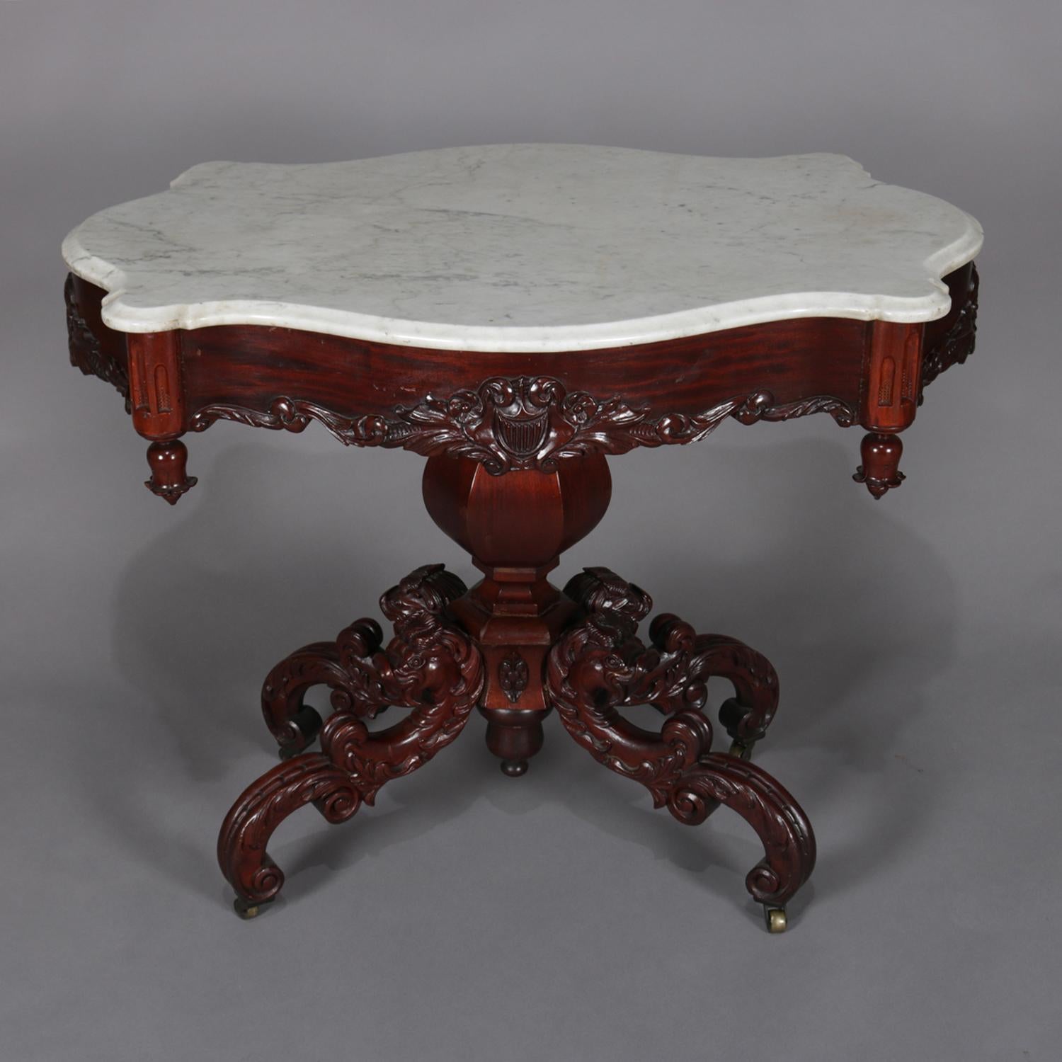 French Antique High Victorian Deeply Carved Rosewood and Marble Turtle Top Table