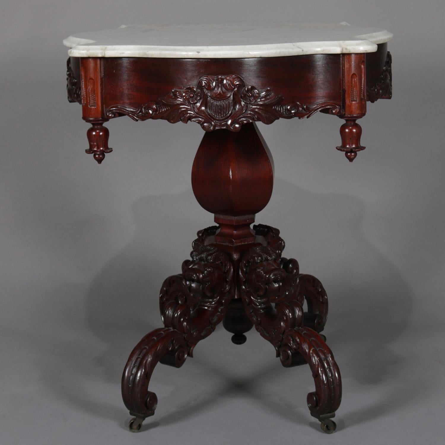 Beveled Antique High Victorian Deeply Carved Rosewood and Marble Turtle Top Table