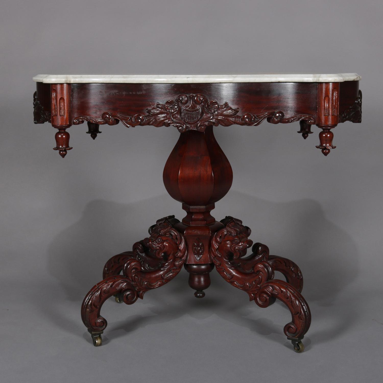 Antique High Victorian Deeply Carved Rosewood and Marble Turtle Top Table In Good Condition In Big Flats, NY