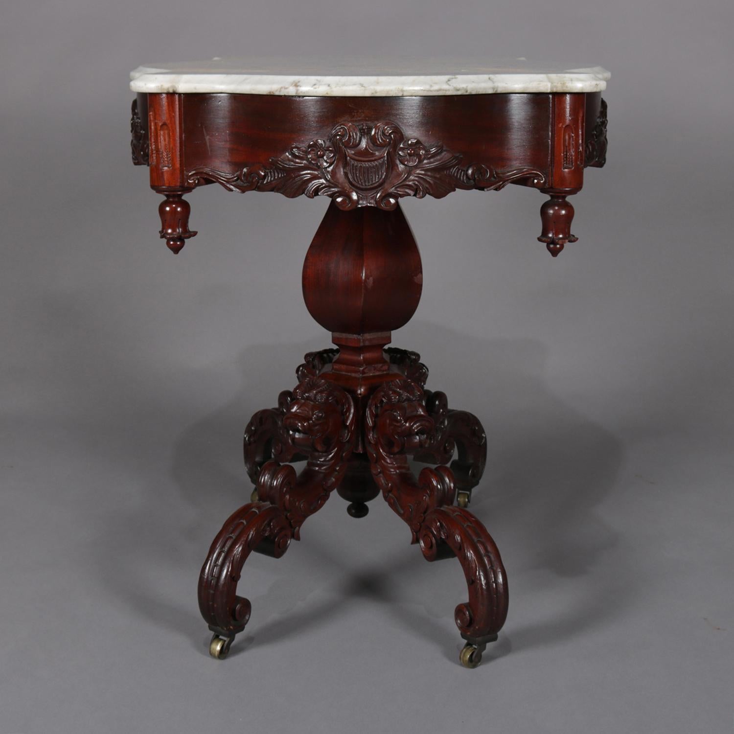 19th Century Antique High Victorian Deeply Carved Rosewood and Marble Turtle Top Table