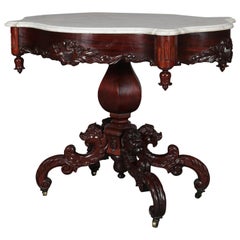 Antique High Victorian Deeply Carved Rosewood and Marble Turtle Top Table