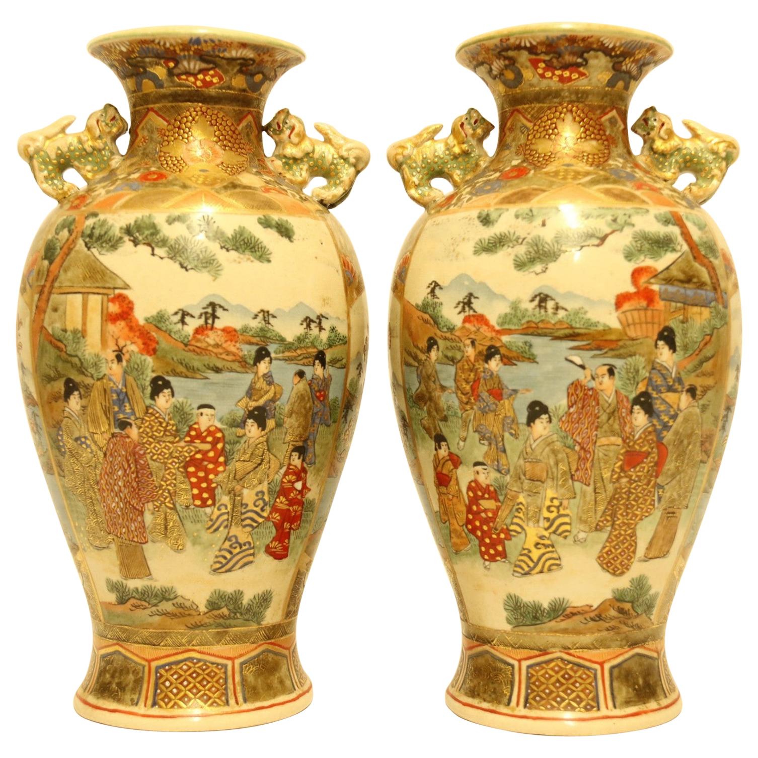 Antique Highly Decorative Pair of Japanese Satsuma Vases, circa 1910 For Sale