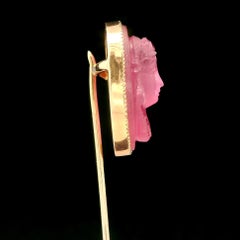 Antique Highly Detailed 9k Gold GIA Carved Cameo Pink Tourmaline Stick Pin