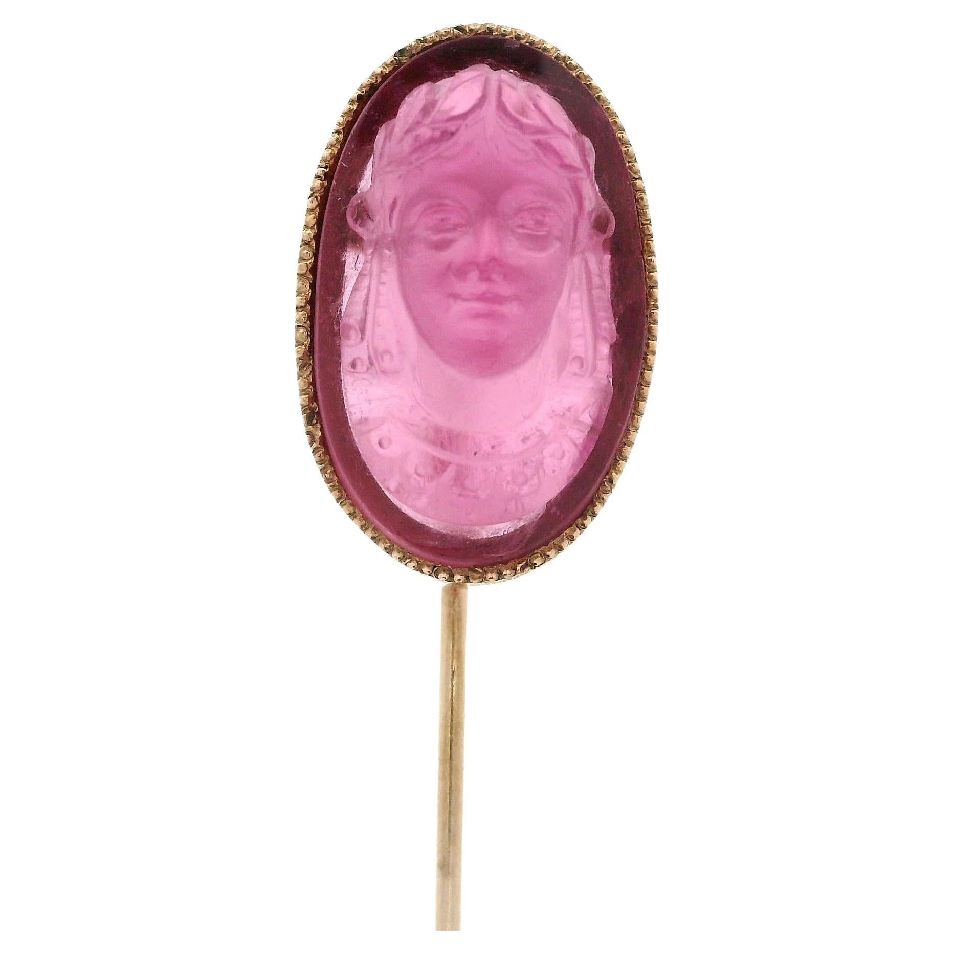 Antique Highly Detailed 9k Gold GIA Carved Cameo Pink Tourmaline Stick Pin
