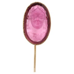 Antique Highly Detailed 9k Gold GIA Carved Cameo Pink Tourmaline Stick Pin