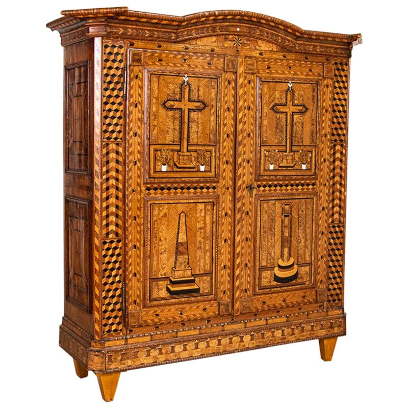 Antique Highly Inlaid Marquetry 2-Door Armoire For Sale