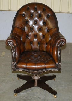 ANTIQUE HILLCREST GODFATHER BROWN LEATHER CHESTERFIELD DIRECTORS CAPTAiNS CHAIR