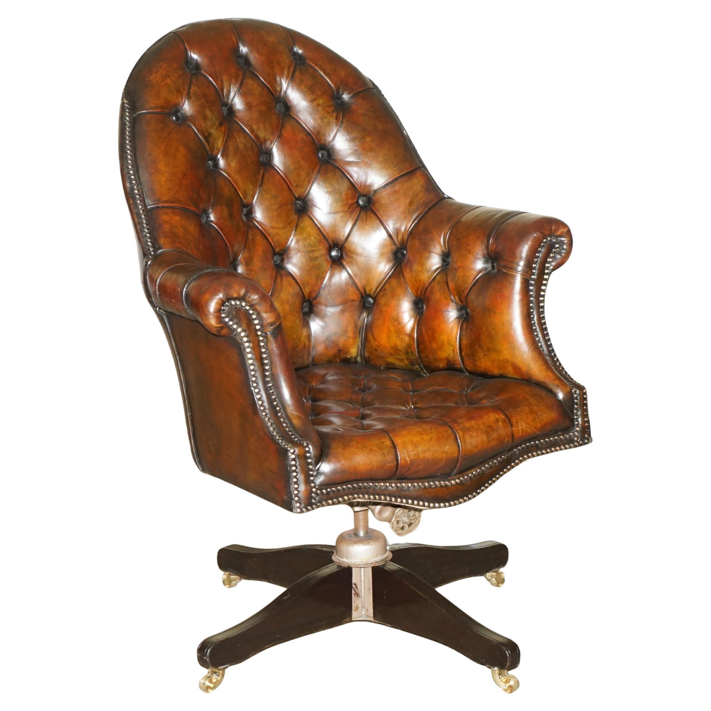 ANTIQUE HILLCREST GODFATHER BROWN LEATHER CHESTERFIELD DIRECTORS CAPTAiNS CHAIR
