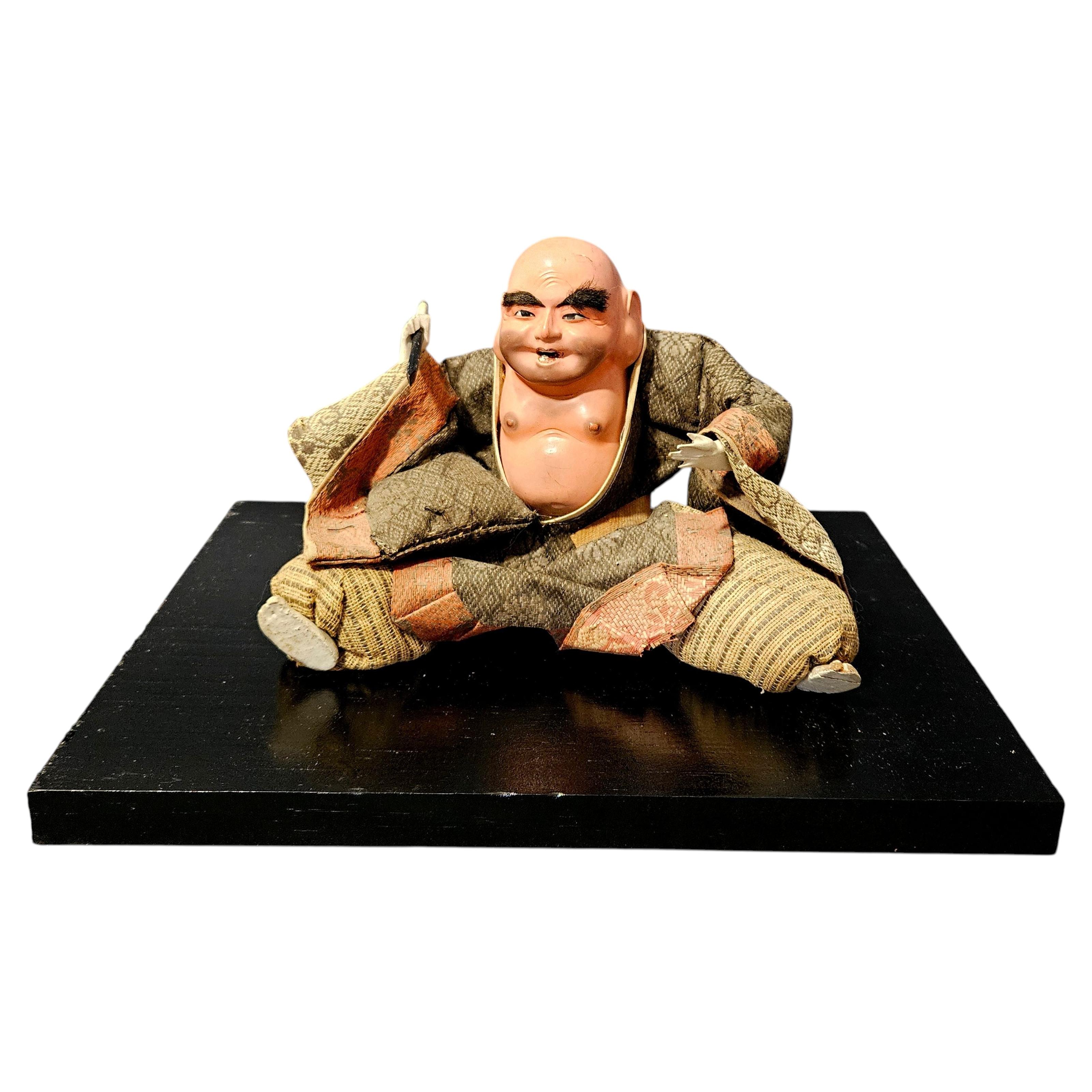 Antique Hina Japanese A sitting Man Doll on Solid Wood Stand