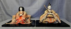 Antique Hina Japanese Emperor and Empress Dolls on Solid Wood Stands