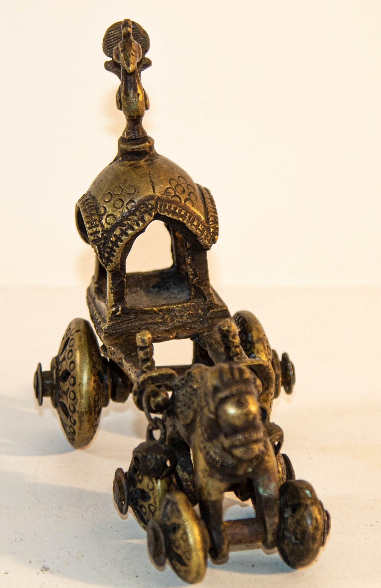 20th Century Antique Hindu Bronze Temple Horse and Chariot Statue Toy on Wheels India For Sale