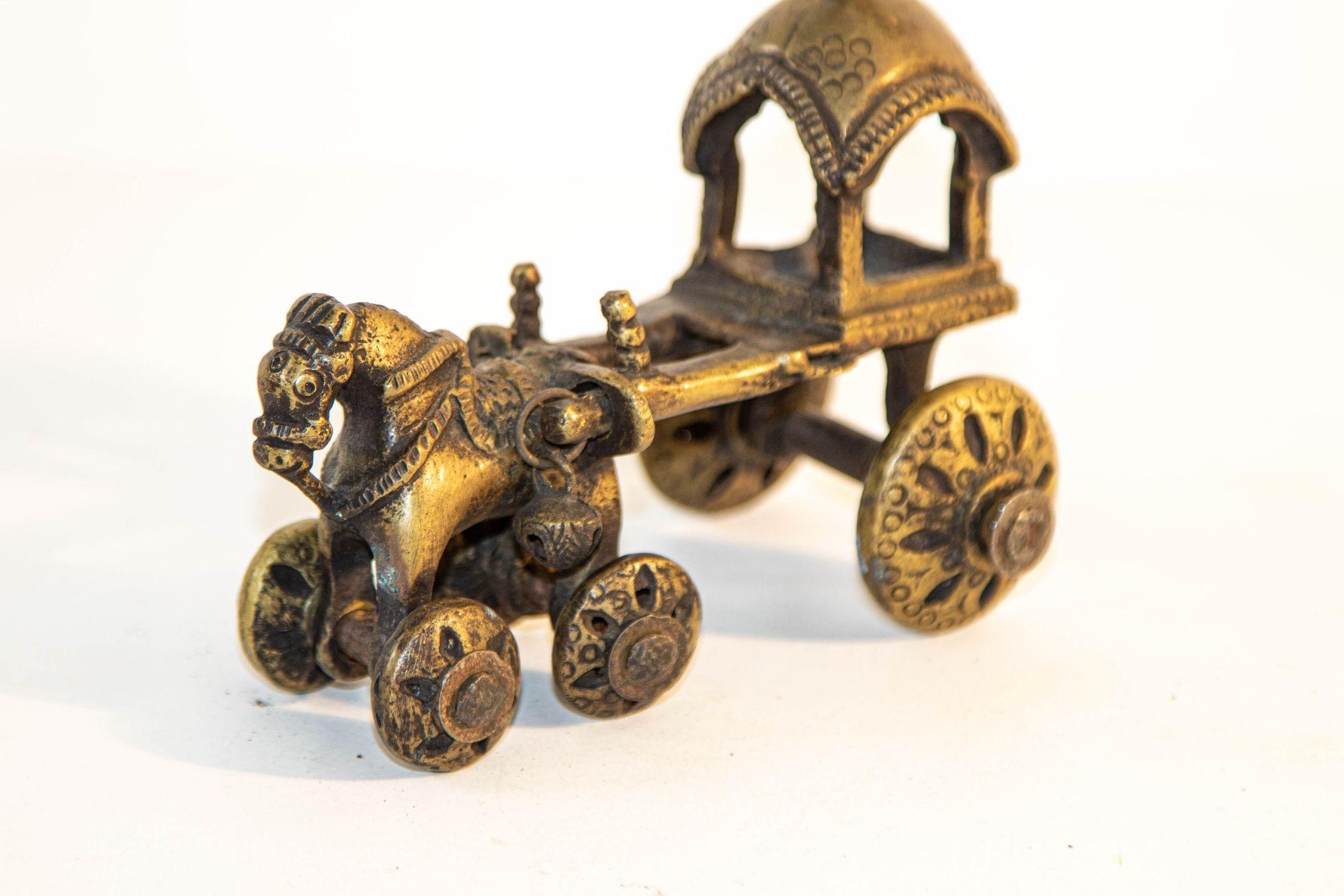 Antique Hindu Bronze Temple Horse and Chariot Statue Toy on Wheels India For Sale 1