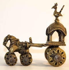 Antique Hindu Bronze Temple Horse and Chariot Statue Toy on Wheels India