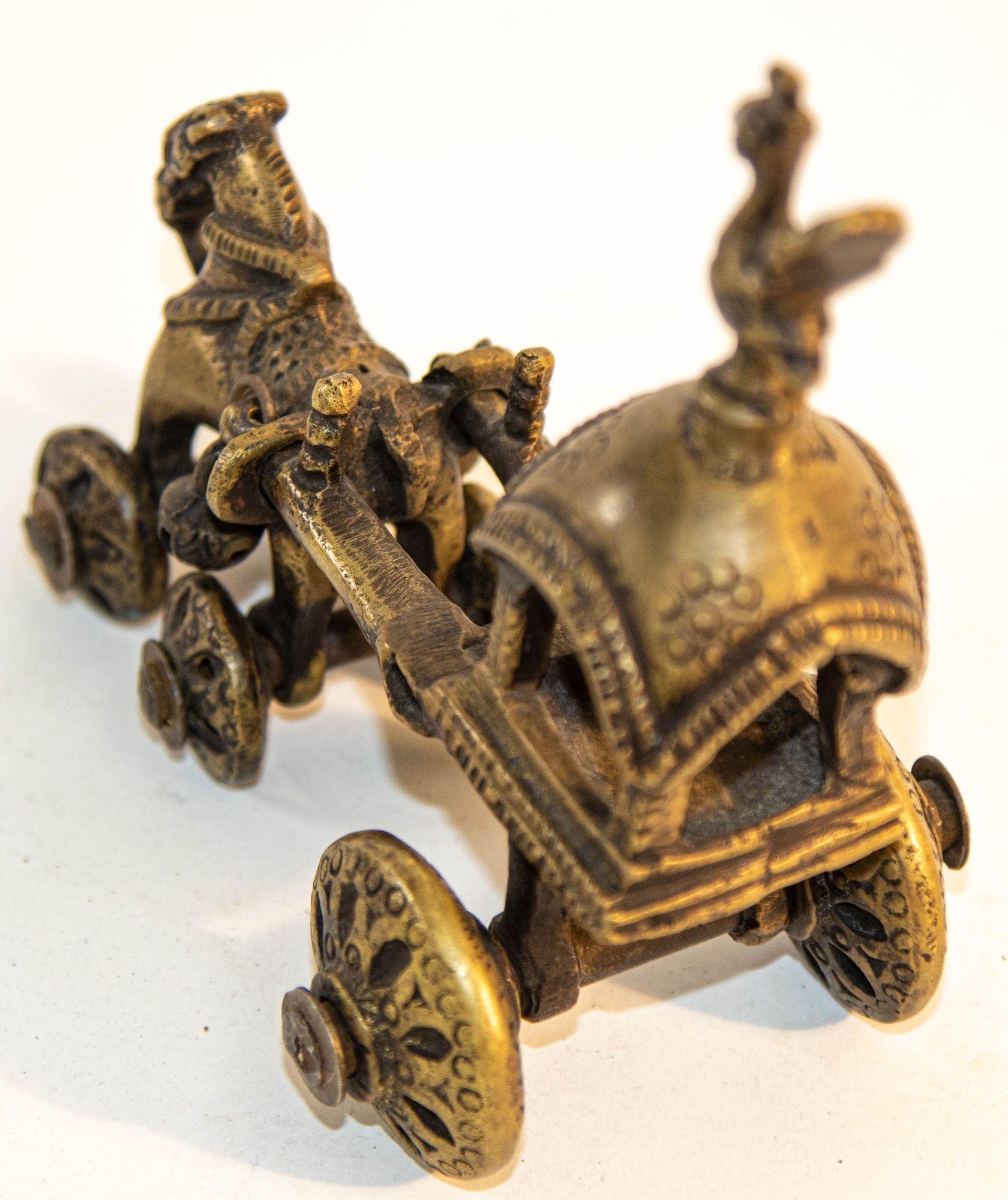 Folk Art Antique Hindu Bronze Temple Horse and Chariot Statue Toy on Wheels India For Sale