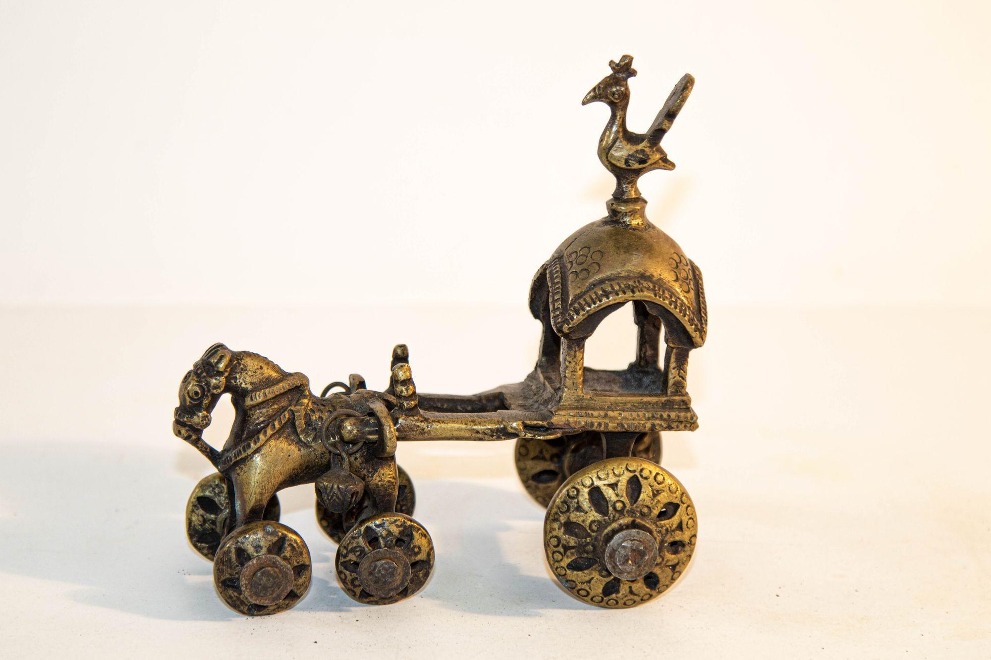 Cast Antique Hindu Bronze Temple Horse and Chariot Statue Toy on Wheels India For Sale