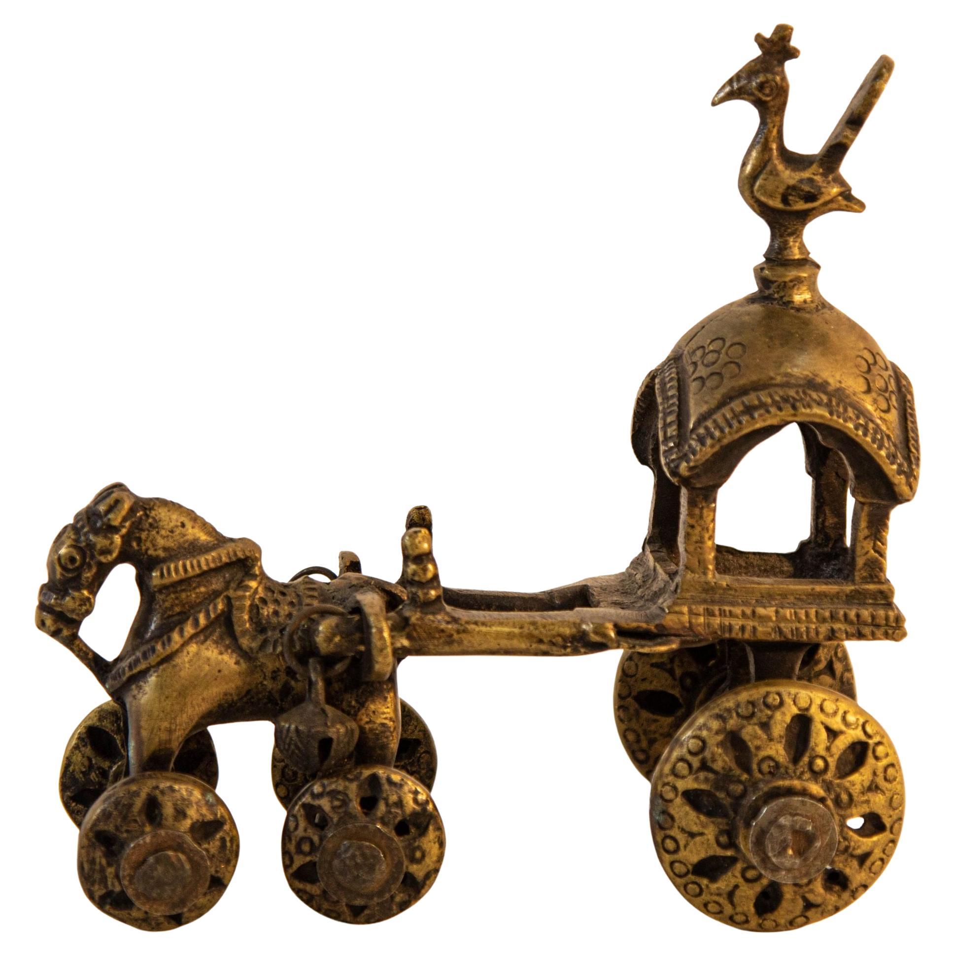 Antique Hindu Bronze Temple Horse and Chariot Statue Toy on Wheels India For Sale