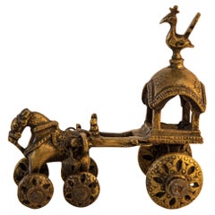 Antique Hindu Bronze Temple Horse and Chariot Statue Toy on Wheels India