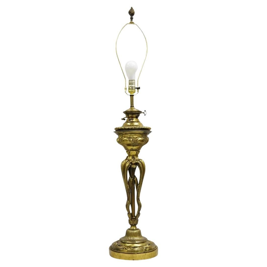 Antique Hinks & Sons French Rococo Sculptural Bronze Oil Lamp Convert Table Lamp