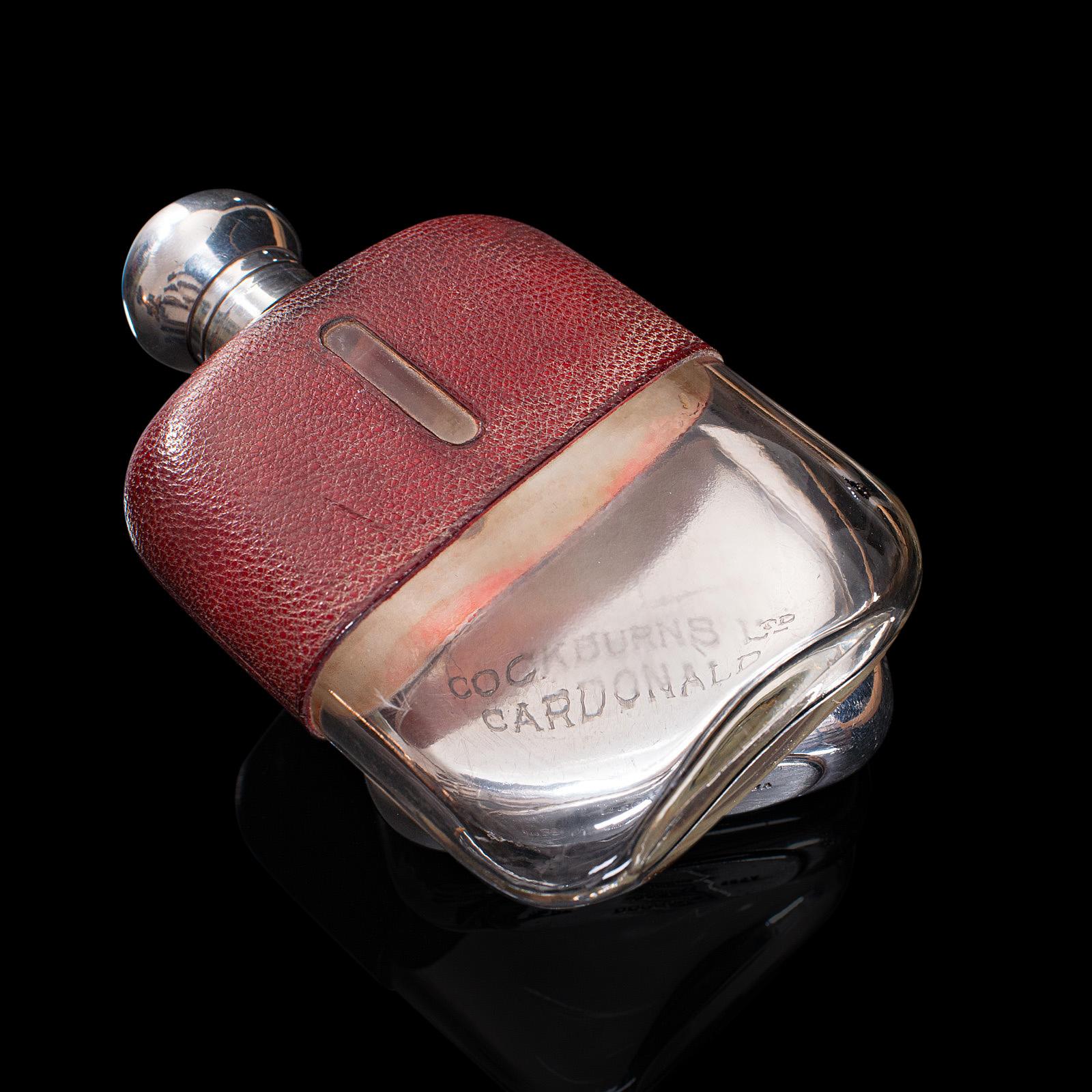 Antique Hip Flask, English, Leather, Glass, Silver Plate, Celebration Gift, 1920 For Sale 3