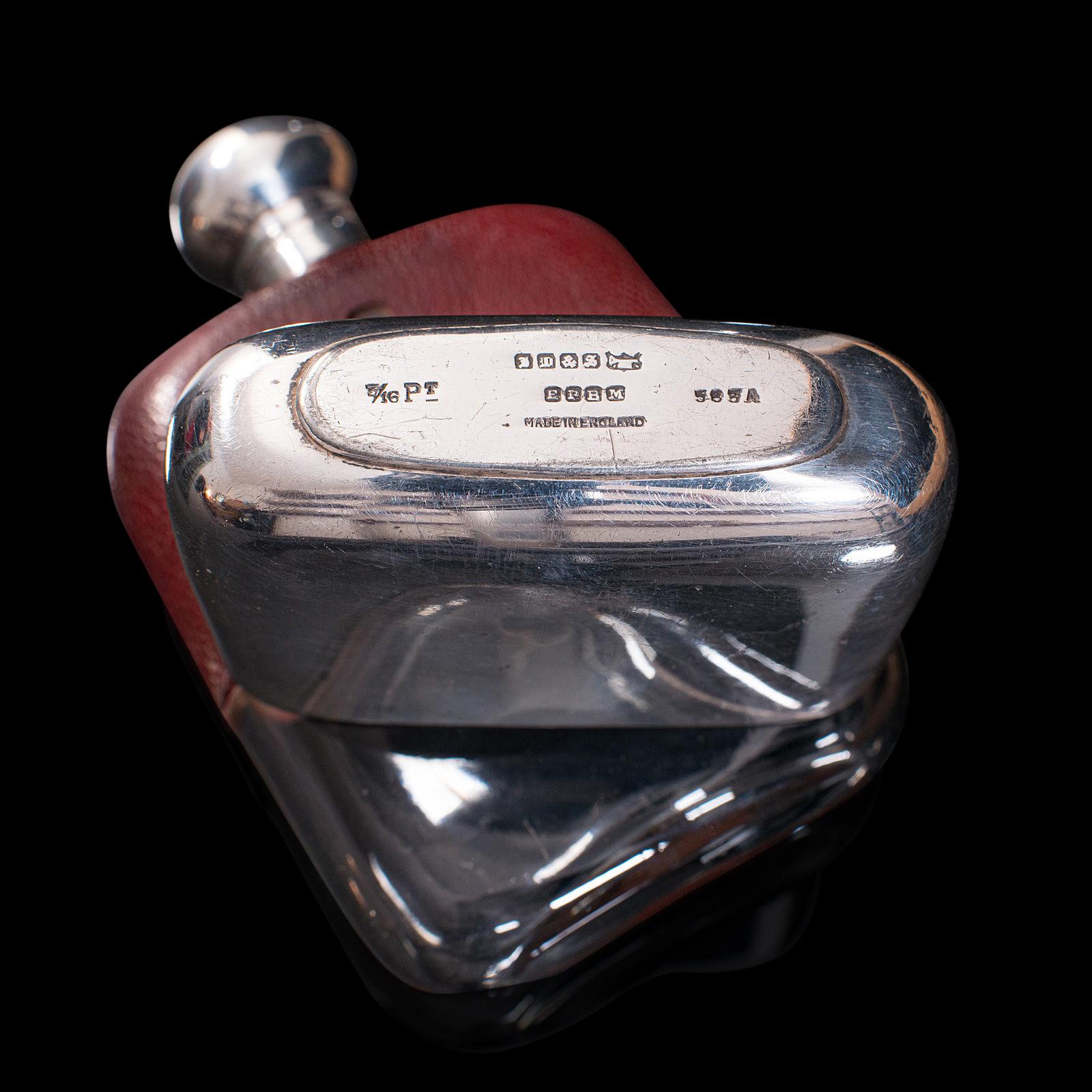 Antique Hip Flask, English, Leather, Glass, Silver Plate, Celebration Gift, 1920 For Sale 4