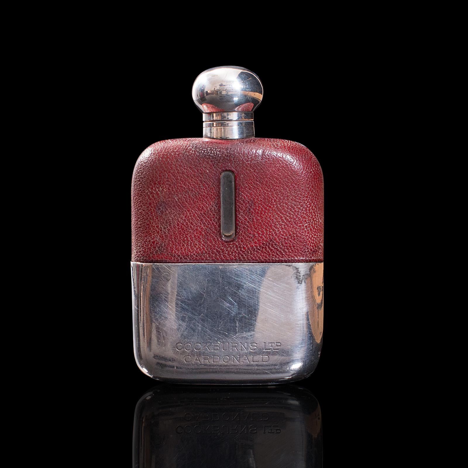 Antiker Hip-Flask, englisch, Leder, Glas, versilberter Teller, Feierliches Geschenk, 1920 (Britisch) im Angebot