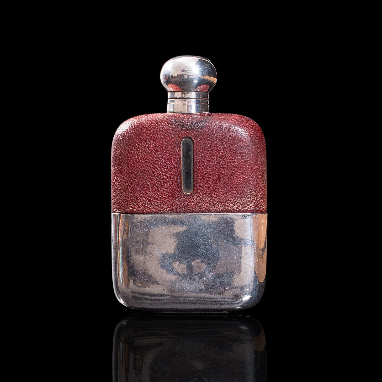 British Antique Hip Flask, English, Leather, Glass, Silver Plate, Celebration Gift, 1920 For Sale