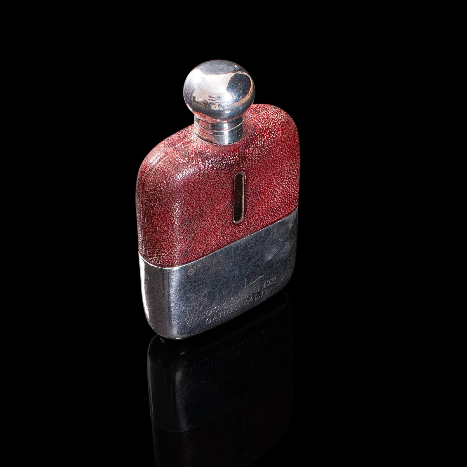 Antique Hip Flask, English, Leather, Glass, Silver Plate, Celebration Gift, 1920 In Good Condition For Sale In Hele, Devon, GB
