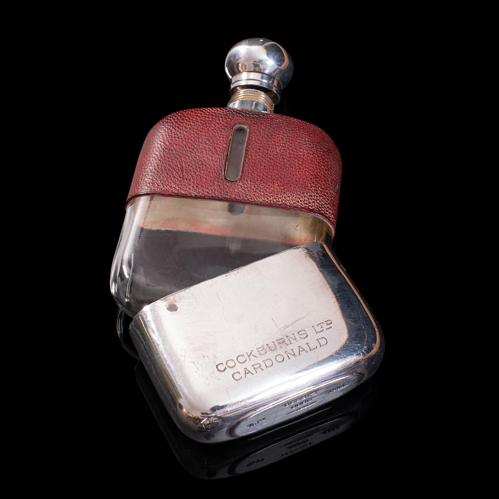 Antique Hip Flask, English, Leather, Glass, Silver Plate, Celebration Gift, 1920 For Sale 1